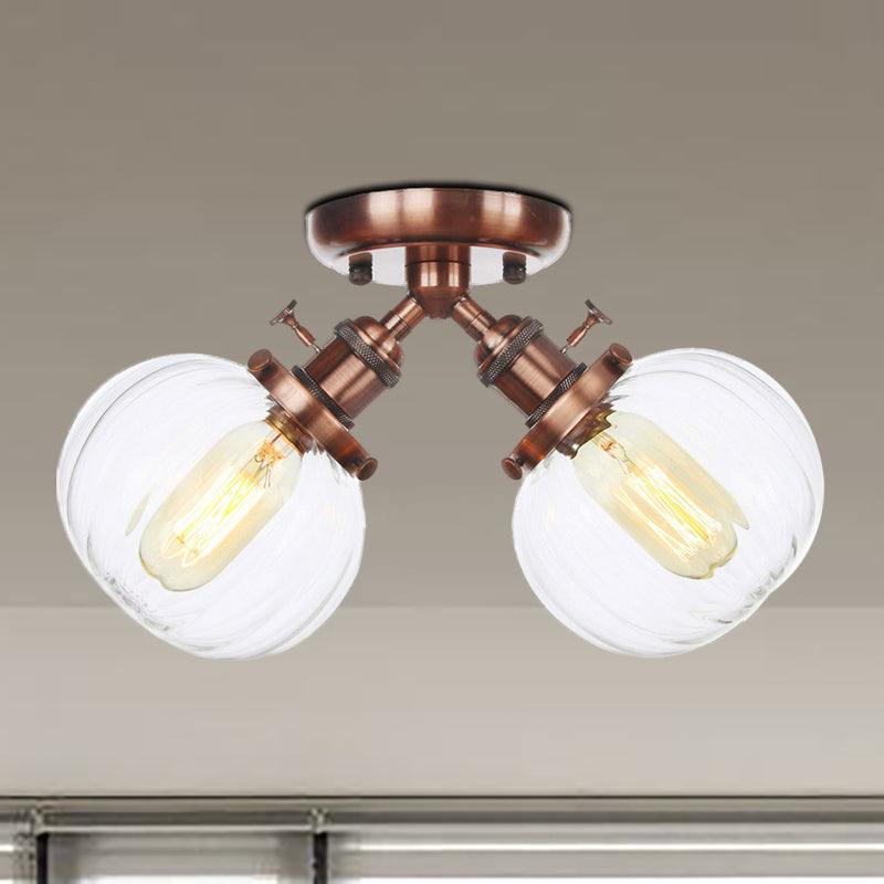 Amber/Clear Glass Ball Semi Flush Light Industrial Style Style 2 Heads Black/Bronze Affermazione per il ristorante