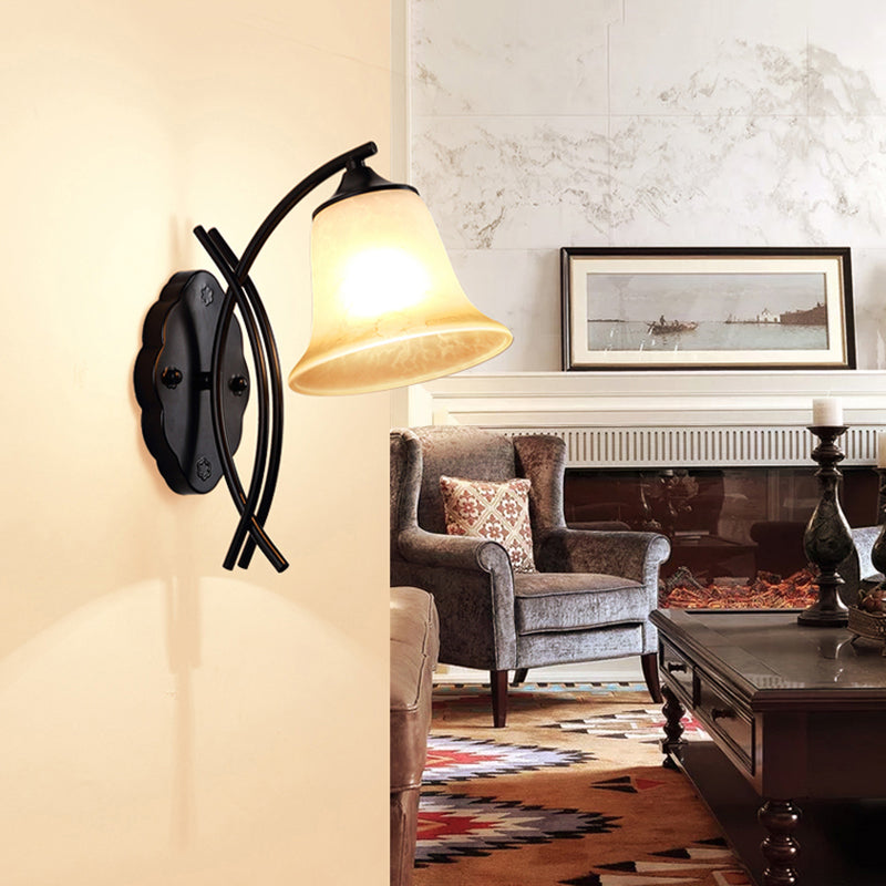 1 Light Milky Glass Wall Lamp Rustic Black Bell Shape Living Room Sconce Light Fixture