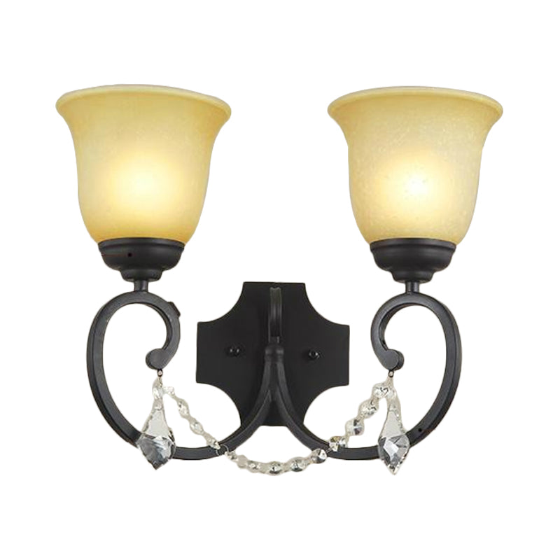 2 Lights Corridor Wall Mounted Lamp Vintage Black Sconce Light with Bell Amber Glass Shade
