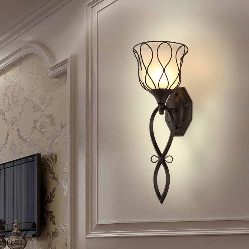 1 Light Metal Wall Lamp Rustic Black Bell Corridor Sconce Light Fixture with Opal Glass Shade