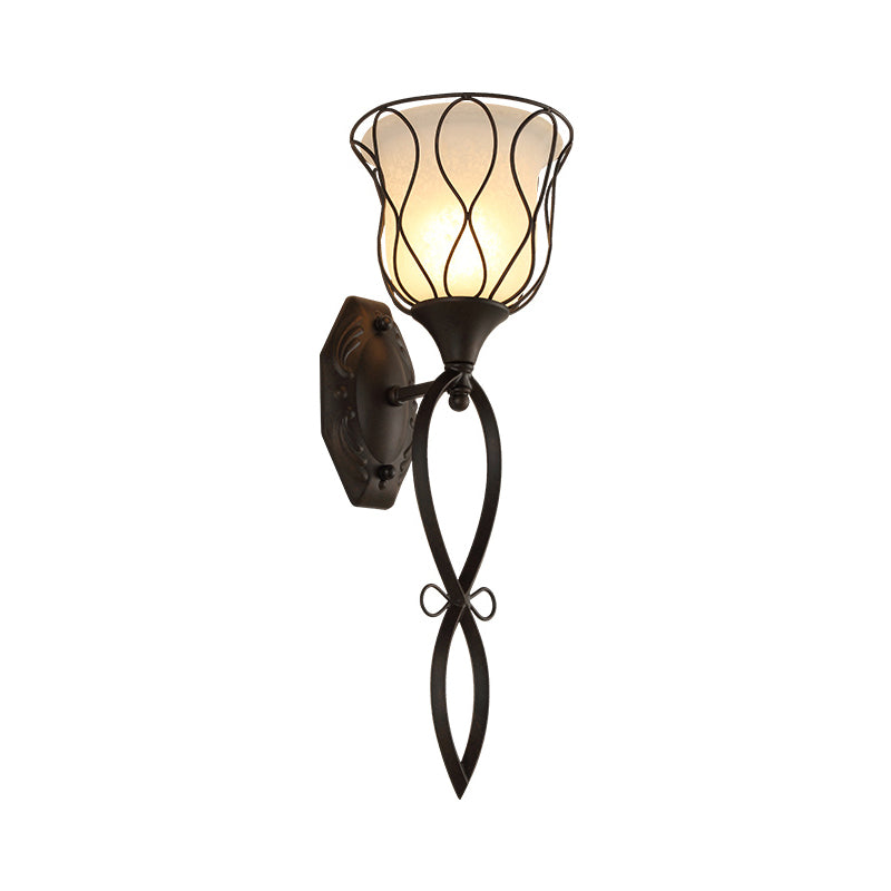 1 Light Metal Wall Lamp Rustic Black Bell Corridor Sconce Light Fixture with Opal Glass Shade