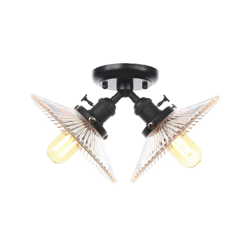 Industrial Flared Shade Ceiling Mounted Light Clear Ribbed Glass 2 Heads Restaurant Semi Mount Light in Black/Brass
