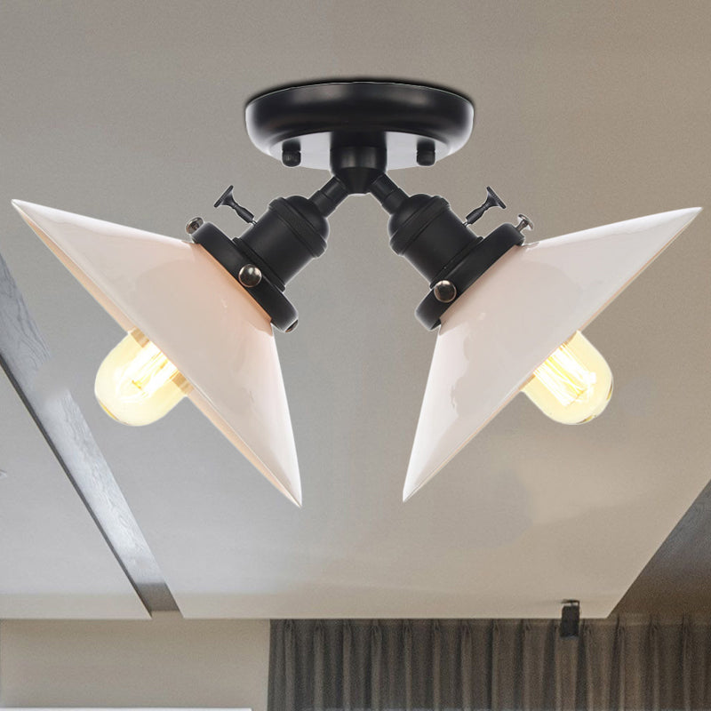 Warehouse Style Flared Semi Mount Lighting Iron 2 Bulbs Indoor Semi Flush Ceiling Light in Black/Bronze