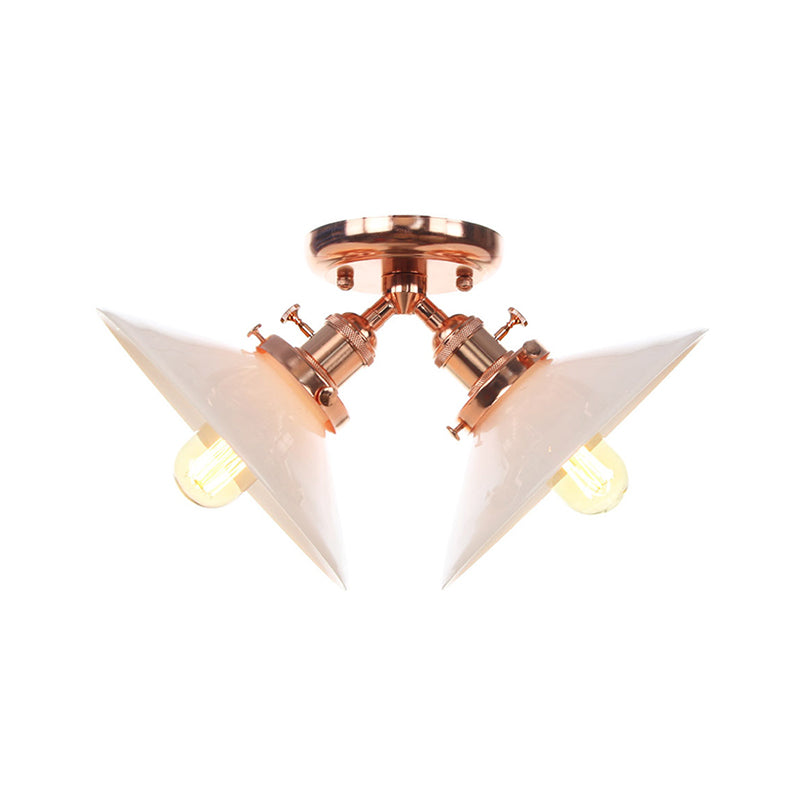 Warehouse Style Flared Semi Mount Lighting Iron 2 Bulbs Indoor Semi Flush Ceiling Light in Black/Bronze