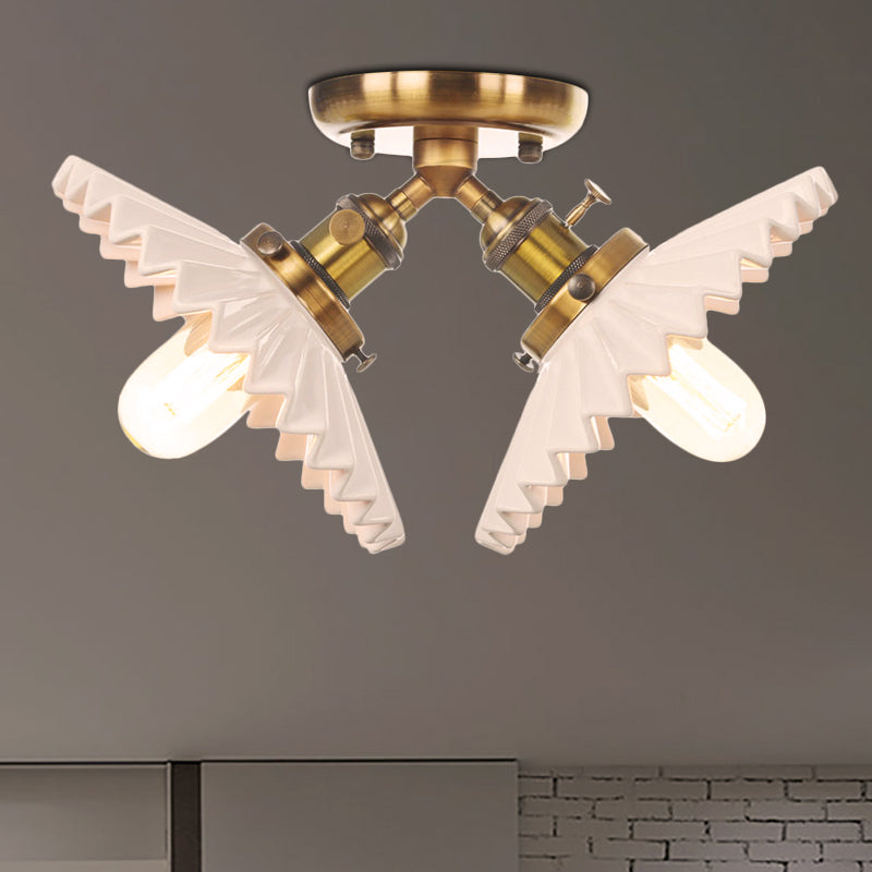 2 Bulbs Restaurant Ceiling Lighting Warehouse Style Black/Bronze Semi Flush Mount Light with Scalloped Milk Glass Shade