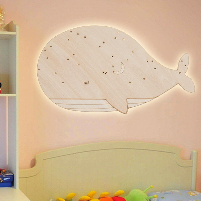 Nursing Room Oval Whales Wall Sconce Wood Animal Beige Wall Lamp in Warm