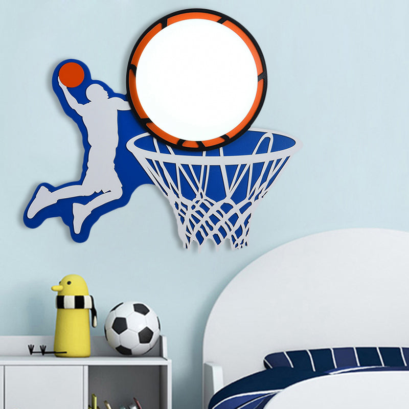 Wood Basketball Hoop Wall Light Sport Theme Sconce Light in Blue for Boys Bedroom Stairway