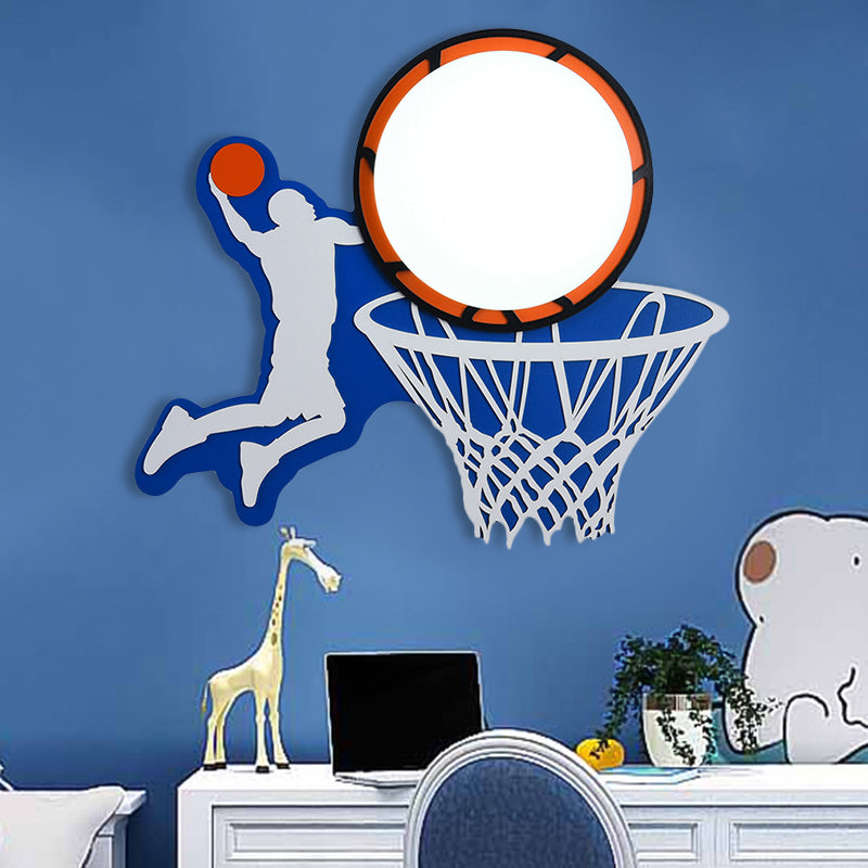 Wood Basketball Hoop Wall Light Sport Theme Sconce Light in Blue for Boys Bedroom Stairway
