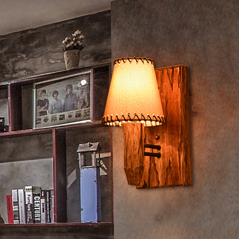 Vintage Tapered Sconce Light 1/2 Lights Fabric Wall Mounted Lighting in Wood for Dining Room