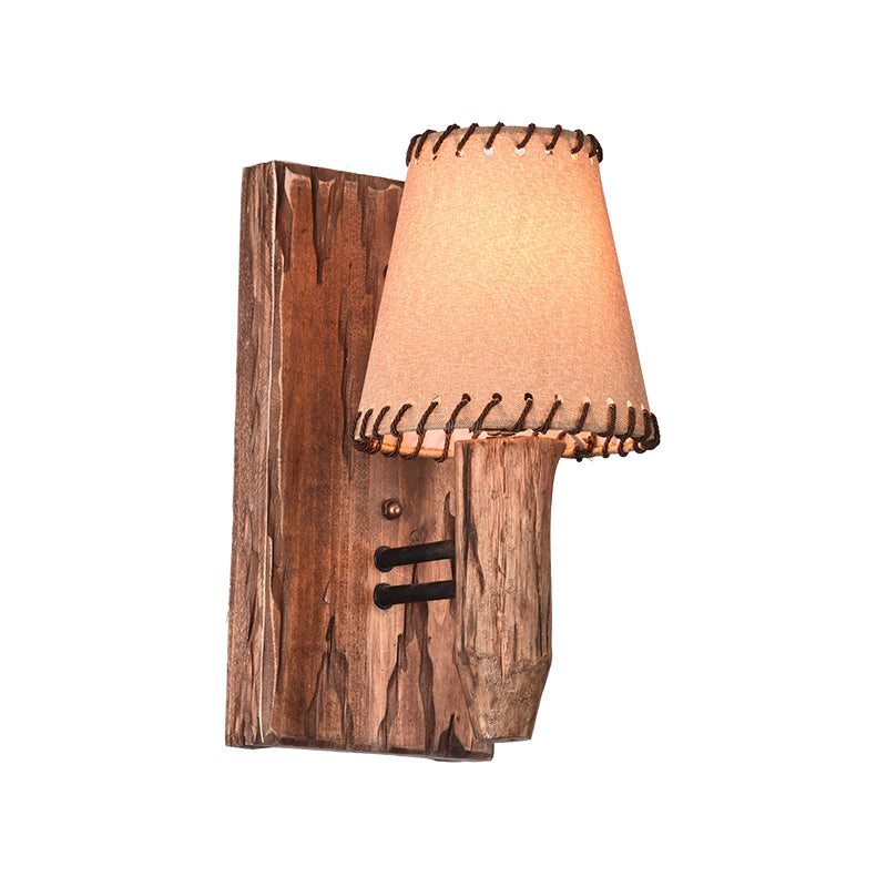 Vintage Tapered Sconce Light 1/2 Lights Fabric Wall Mounted Lighting in Wood for Dining Room