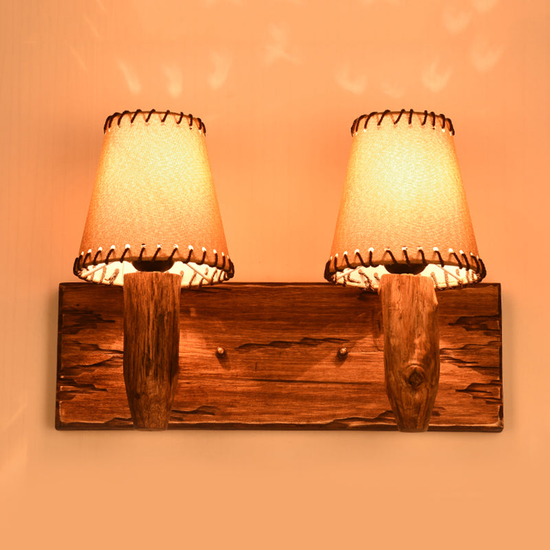 Vintage Tapered Sconce Light 1/2 Lights Fabric Wall Mounted Lighting in Wood for Dining Room