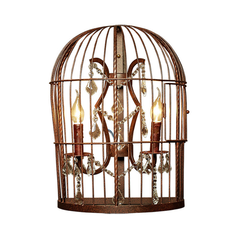 Rust 2-Light Sconce Light Country Metal Birdcage Wall Lighting Fixture for Living Room with Crystal Drop