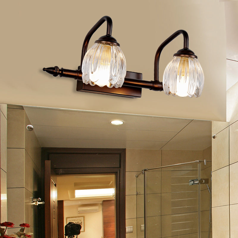 Flower Bathroom Wall Lamp Vintage Clear Textured Glass 2/3/4 Lights Copper Make-Up Lighting
