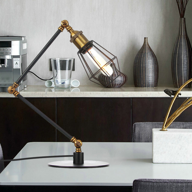 Wire Frame Table Lighting Industrial Style Metal 1 Light Black/Brass Finish Table Lamp with Adjustable Arm