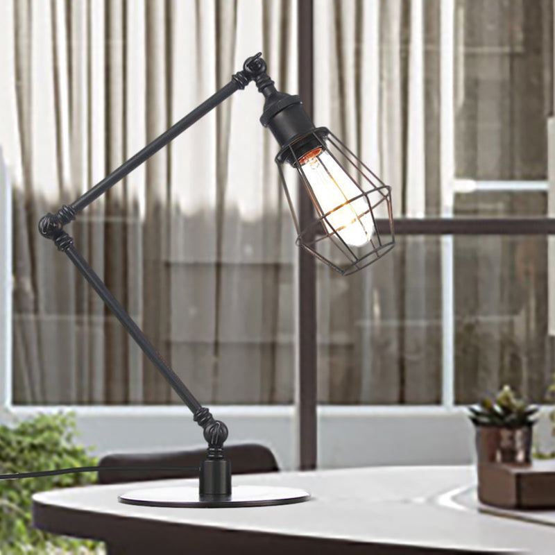 Wire Frame Table Lighting Industrial Style Metal 1 Light Black/Brass Finish Table Lamp with Adjustable Arm