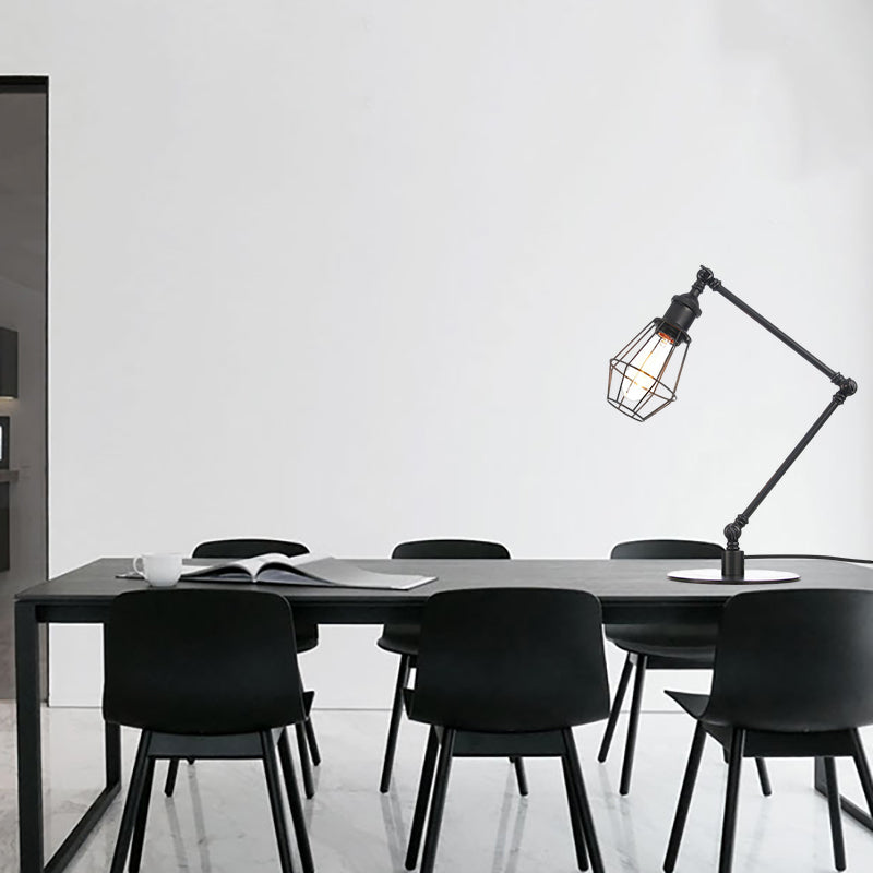 Wire Frame Table Lighting Industrial Style Metal 1 Light Black/Brass Finish Table Lamp with Adjustable Arm