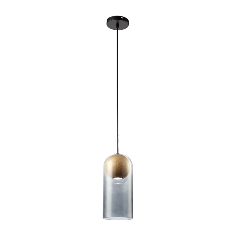 Cilindro Cilindro de lámpara de luz de humo moderno de vidrio gris comedor colgando con sombra de madera de globo en el interior