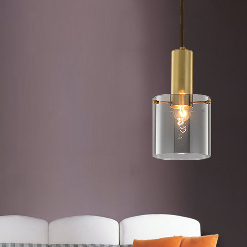 Cylinder Pendant Light Modern Clear Glass 1 Head Brass Hanging Ceiling Light for Dining Room