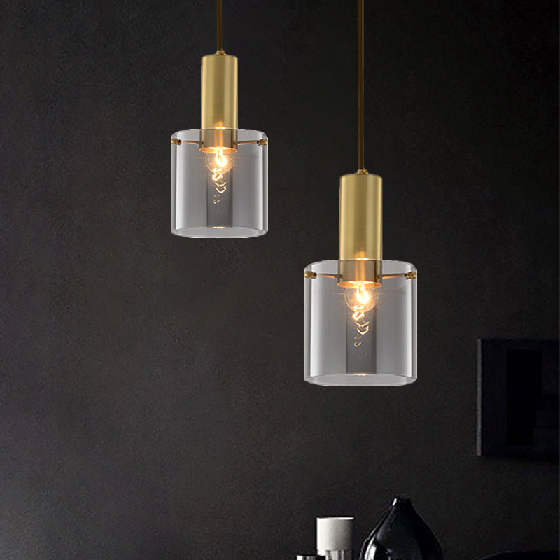 Cylinder Pendant Light Modern Clear Glass 1 Head Brass Hanging Ceiling Light for Dining Room