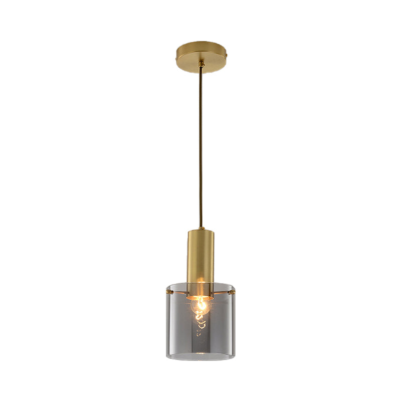 Cylinder Pendant Light Modern Clear Glass 1 Head Brass Hanging Ceiling Light for Dining Room