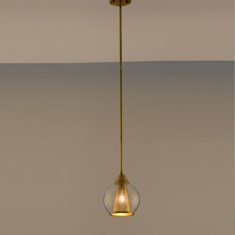 Sphere Pendant Ceiling Light Modern Smoke Gray Glass 1 Head Dining Room Hanging Lamp with Gold Cone Metal Shade Inside