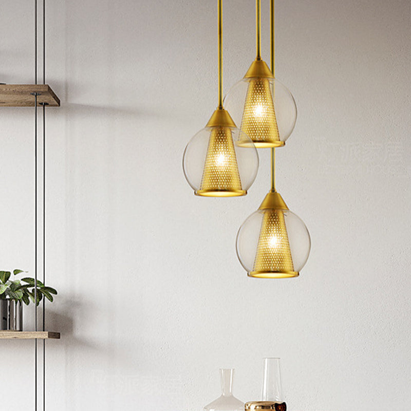 Sphere Pendant Ceiling Light Modern Smoke Gray Glass 1 Head Dining Room Hanging Lamp with Gold Cone Metal Shade Inside