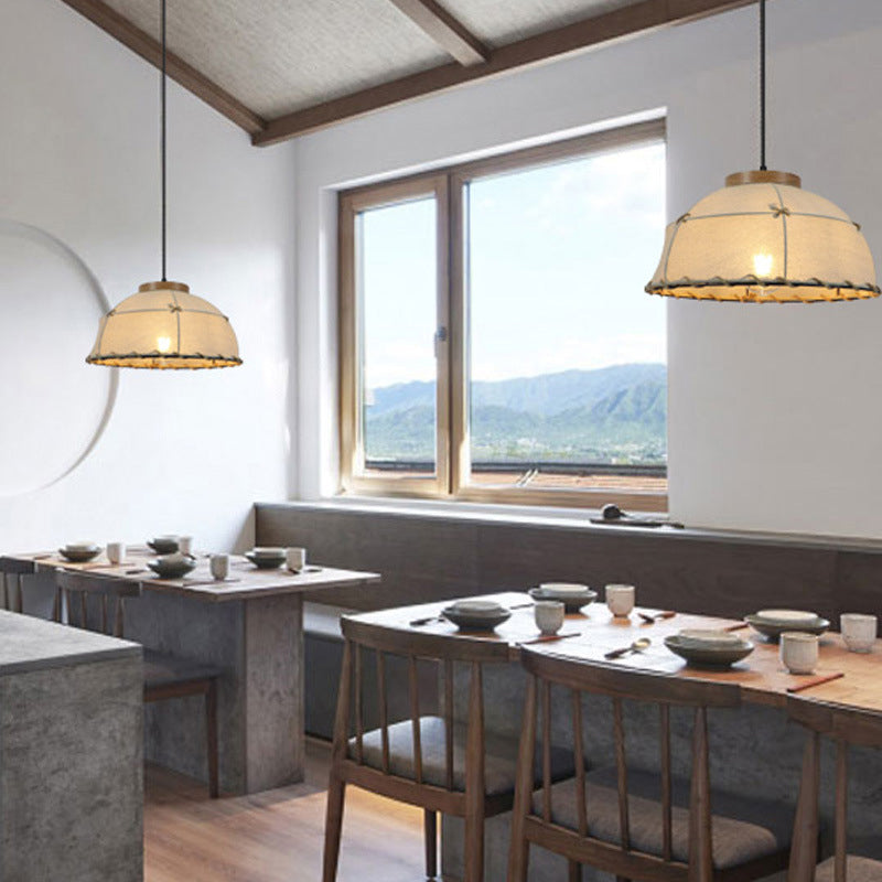 Dome Shade Ceiling Lamp Retro Stylish Fabric 1 Bulb Flaxen Hanging Pendant Light with Adjustable Cord, 14"/16" Dia