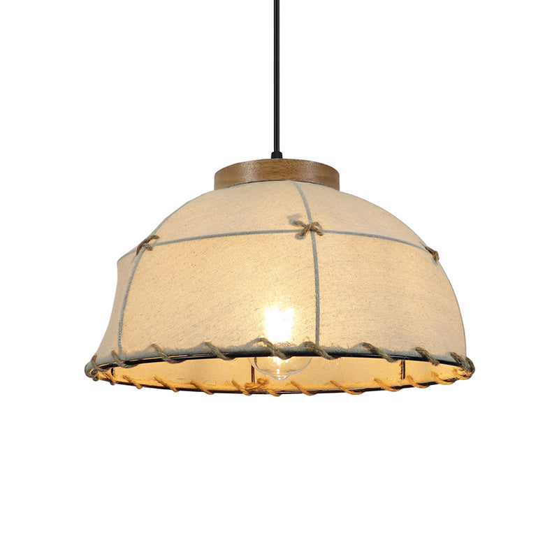 Dome Shade Ceiling Lamp Retro Stylish Fabric 1 Bulb Flaxen Hanging Pendant Light with Adjustable Cord, 14"/16" Dia
