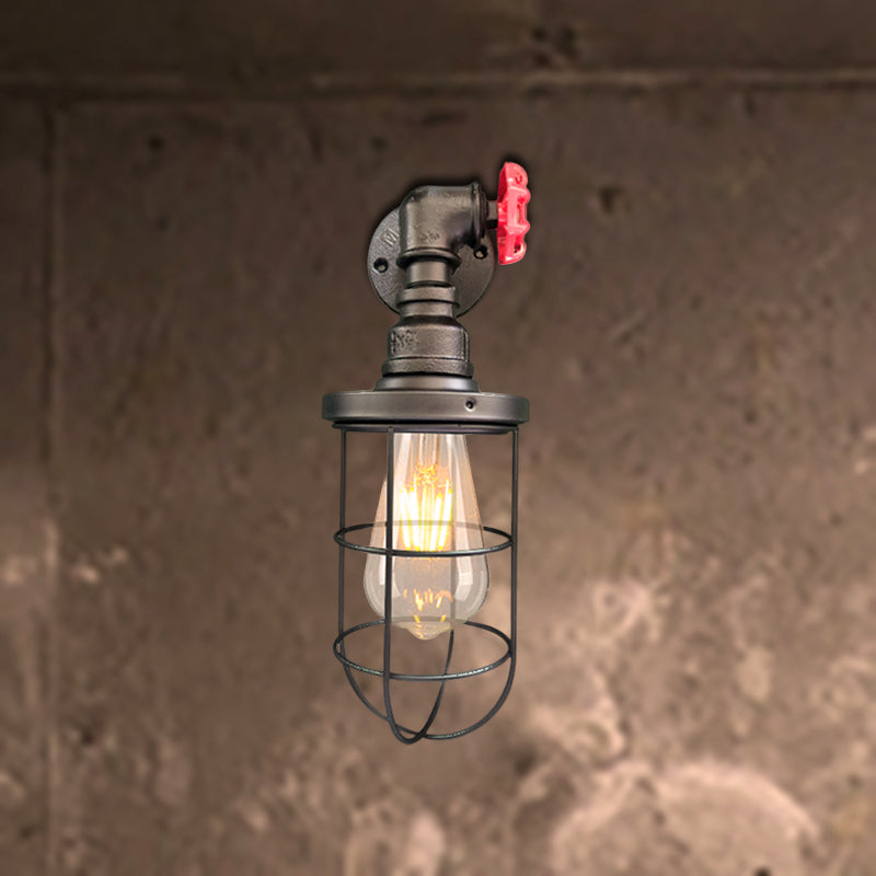 Wire Frame Corridor Wall Sconce Iron 1 Head Farmhouse Wall Lighting Fixture with Red Valve Design in Antique Brass/Black