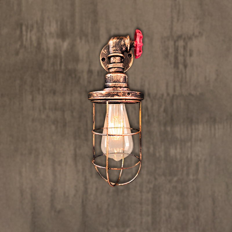 Wire Frame Corridor Wall Sconce Iron 1 Head Farmhouse Wall Lighting Fixture with Red Valve Design in Antique Brass/Black