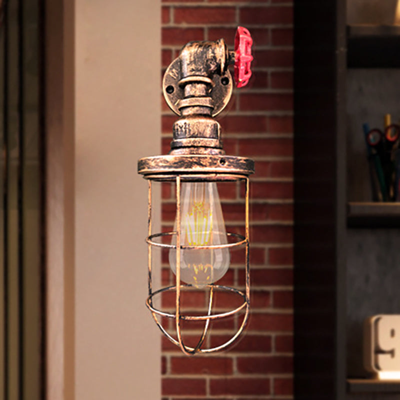 Wire Frame Corridor Wall Sconce Iron 1 Head Farmhouse Wall Lighting Fixture with Red Valve Design in Antique Brass/Black
