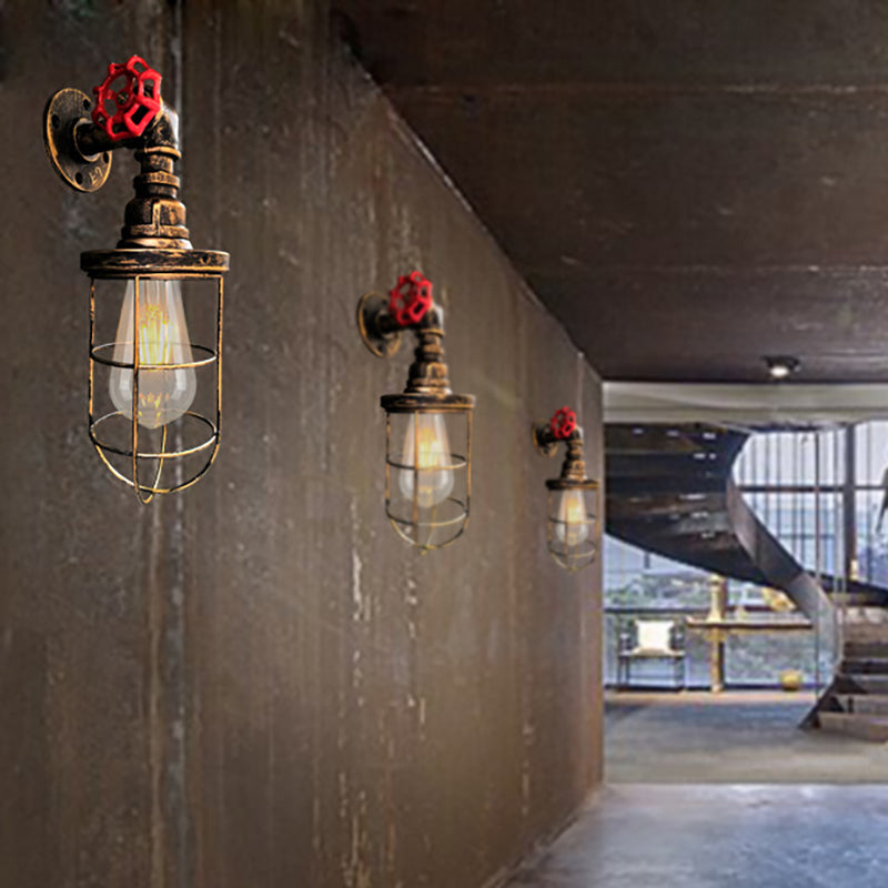 Wire Frame Corridor Wall Sconce Iron 1 Head Farmhouse Wall Lighting Fixture with Red Valve Design in Antique Brass/Black