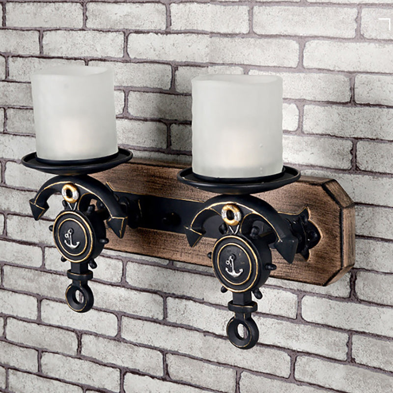 Candle Wall Lamp Country Style Opal Glass 1/2-Bulb Black and Gold Sconce Light with Resin Anchor Design