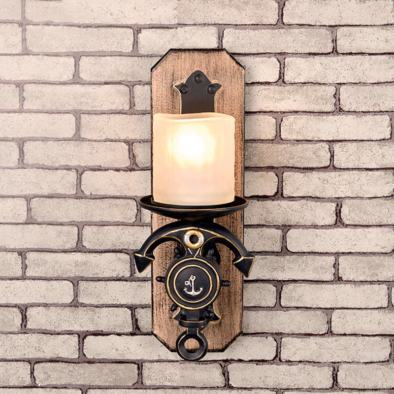 Candle Wall Lamp Country Style Opal Glass 1/2-Bulb Black and Gold Sconce Light with Resin Anchor Design