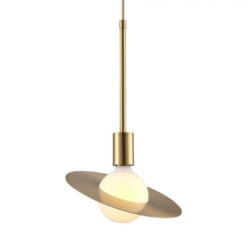 Lámpara colgante de órbita posmoderna vidrio blanco 1 cabezal kit de luz colgante con sombra de metal de disco dorado