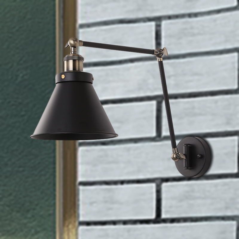 Cone Wall Lighting Fixture Industrial Style Metal 1 Bulb Black/White Wall Sconce Light with Swing Arm for Bedroom