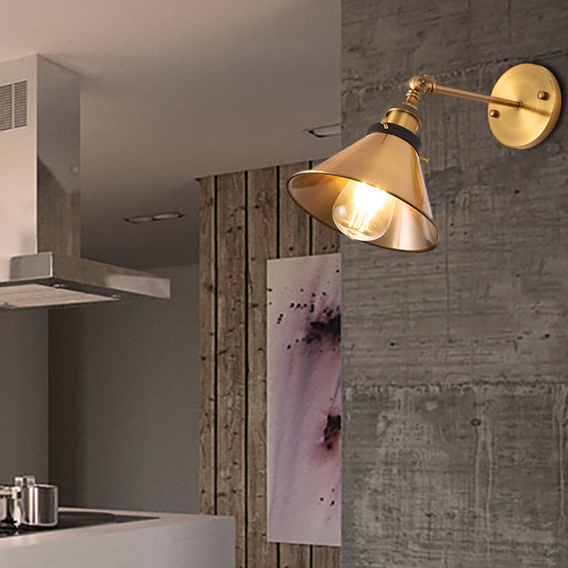 Rotatable Barn/Cone Shade Wall Lamp Industrial Style Metal 1 Head Wall Lighting Fixture in Brass for Kitchen