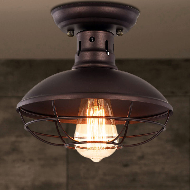 Barn Shade Kitchen Semi Mount Light Wrought Iron 1 Head Ceiling Flush Mount with Wire Guard in Antique Bronze/Bronze