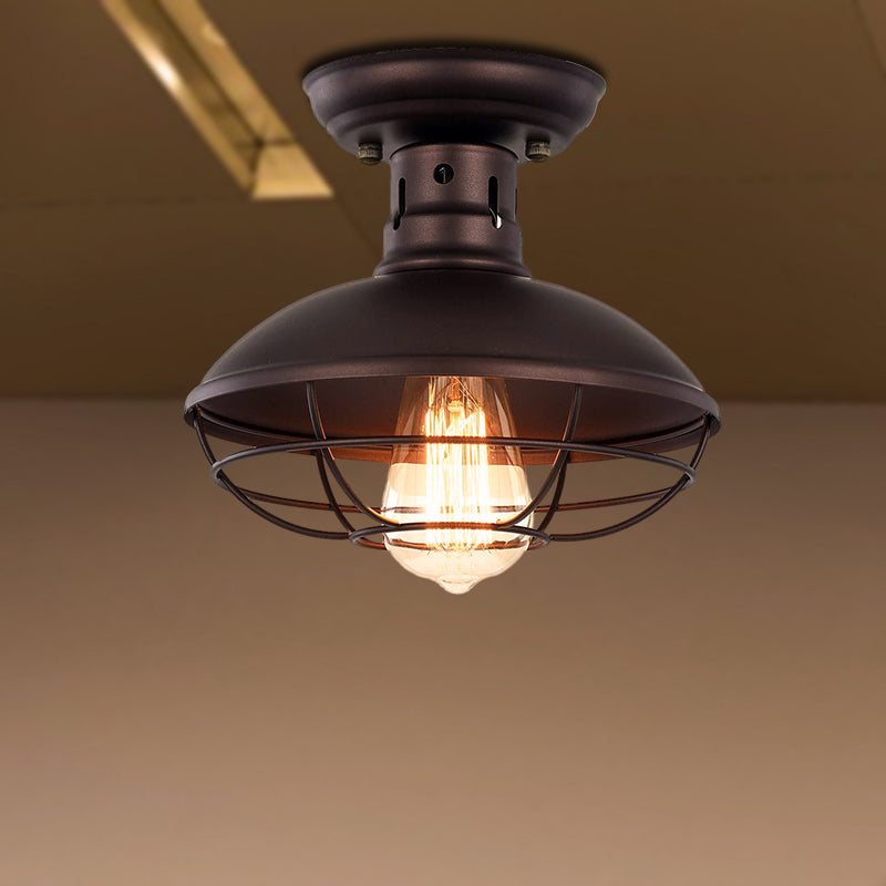Barn Shade Kitchen Semi Mount Light Wrought Iron 1 Head Ceiling Flush Mount with Wire Guard in Antique Bronze/Bronze