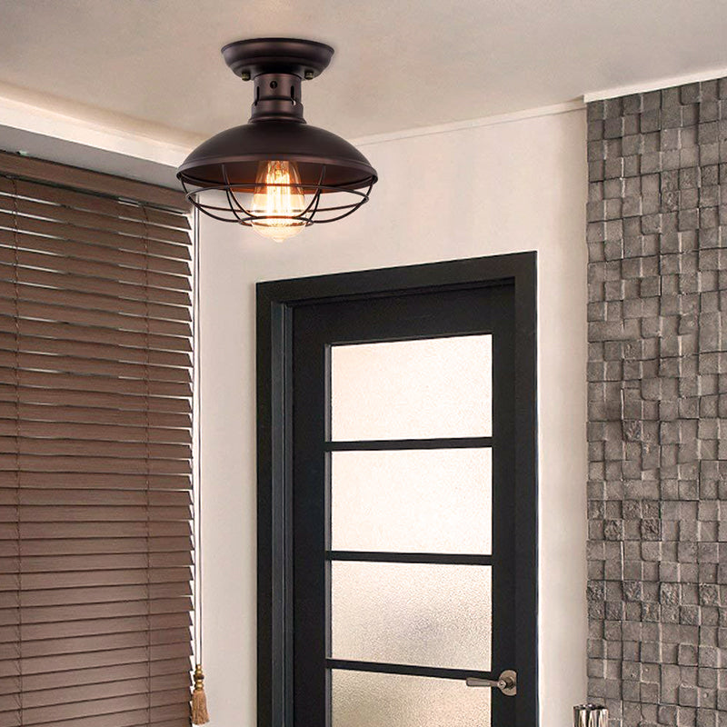 Barn Shade Kitchen Semi Mount Light Wrought Iron 1 Head Ceiling Flush Mount with Wire Guard in Antique Bronze/Bronze