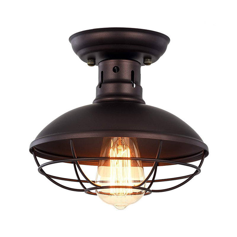 Barn Shade Kitchen Semi Mount Light Wrought Iron 1 Head Ceiling Flush Mount with Wire Guard in Antique Bronze/Bronze