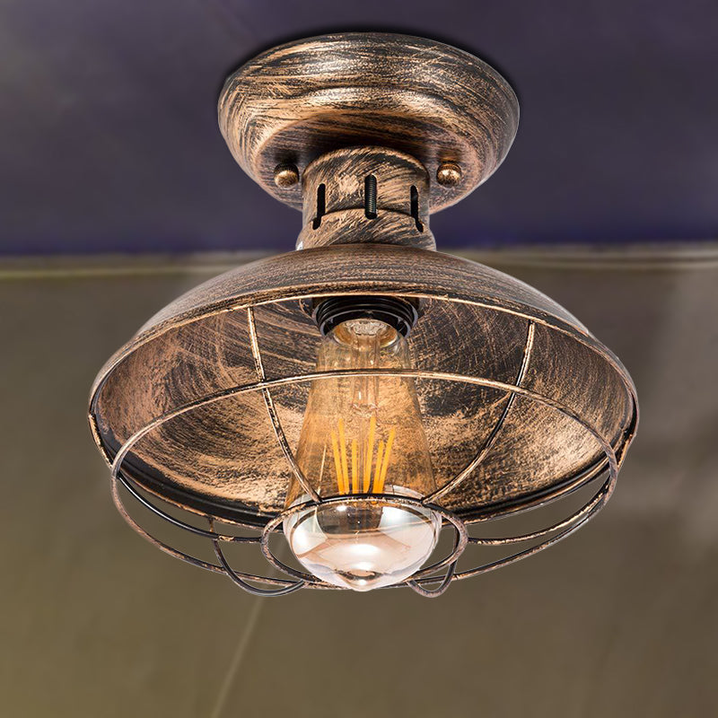 Barn Shade Kitchen Semi Mount Light Wrought Iron 1 Head Ceiling Flush Mount with Wire Guard in Antique Bronze/Bronze
