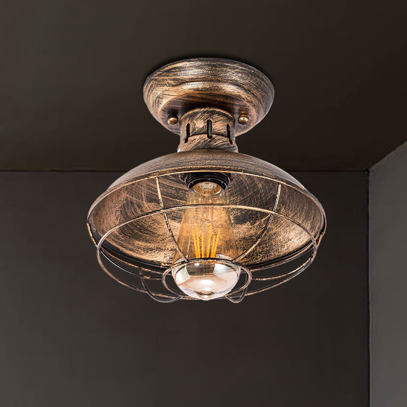 Barn Shade Kitchen Semi Mount Light Wrought Iron 1 Head Ceiling Flush Mount with Wire Guard in Antique Bronze/Bronze