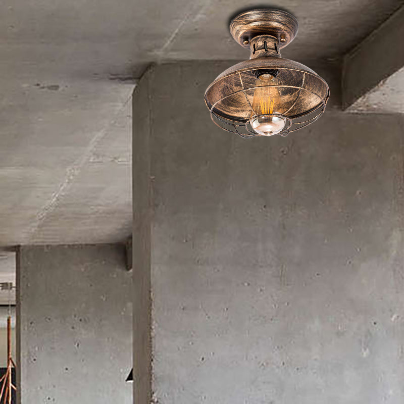 Barn Shade Kitchen Semi Mount Light Wrought Iron 1 Head Ceiling Flush Mount with Wire Guard in Antique Bronze/Bronze
