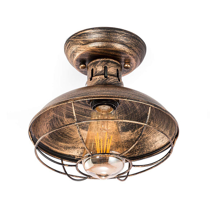 Barn Shade Kitchen Semi Mount Light Wrought Iron 1 Head Ceiling Flush Mount with Wire Guard in Antique Bronze/Bronze