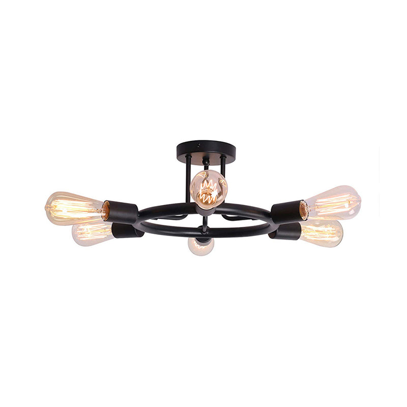Bare Bulb Semi Flush Ceiling Light Mid Century Metallic 6 Heads Semi Mount Light in Brass/Black Finish