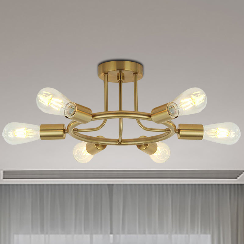 Bare Bulb Semi Flush Ceiling Light Mid Century Metallic 6 Heads Semi Mount Light in Brass/Black Finish