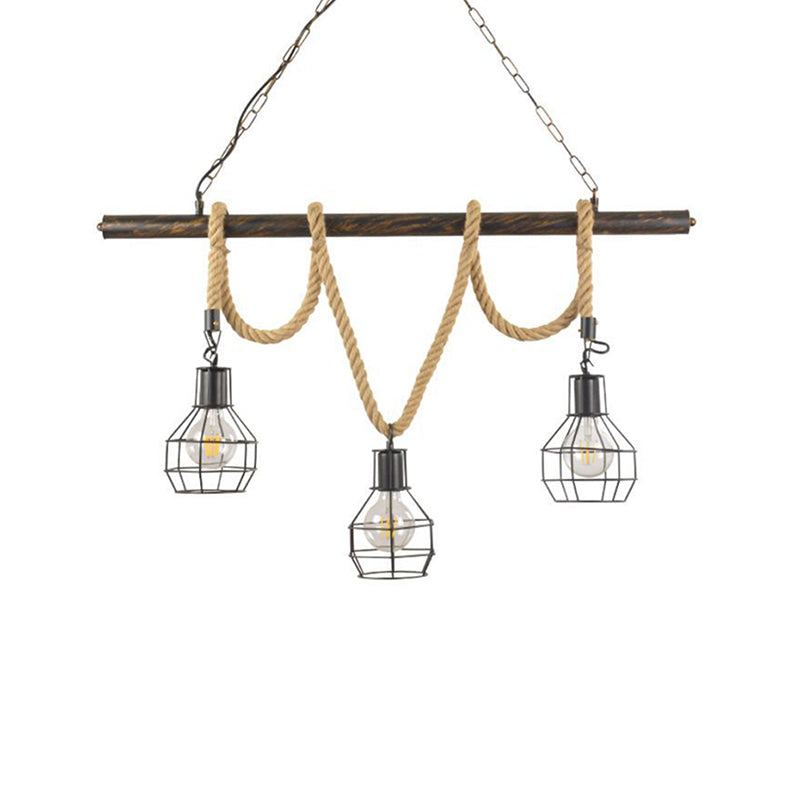 Global/Bottle Restaurant Island Pendant Light Iron 3 Lights Retro Style Black Ceiling Light with Hanging Rope