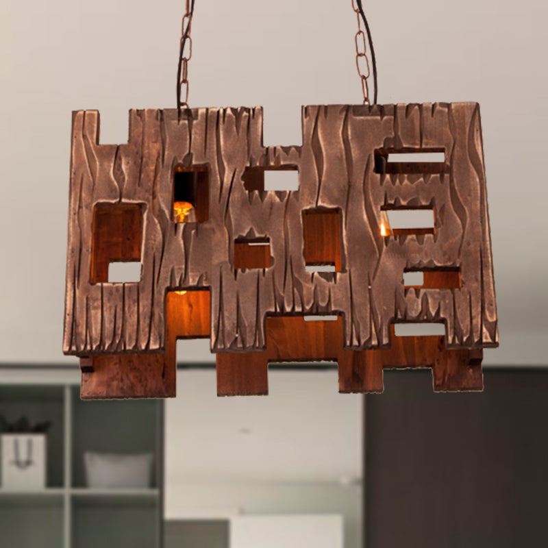 Rectangle Restaurant Island Chandelier Light Wood 2/3 Bulbs Countryside Pendant Lamp with Hollow Out Design in Brown