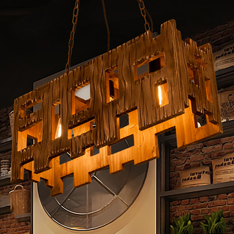 Rectangle Restaurant Island Chandelier Light Wood 2/3 Bulbs Countryside Pendant Lamp with Hollow Out Design in Brown